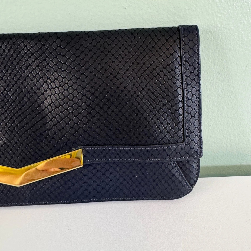 Time's Arrow Calfskin Gya Clutch Gongola Purse Flap Over Evening Party Prom Navy - Picture 5 of 9